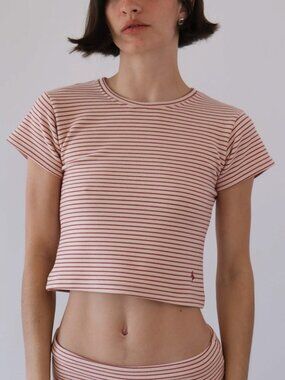 Saint Paradiso Stretch Baby Short Sleeve Striped Tee - Strawberry - Size XS